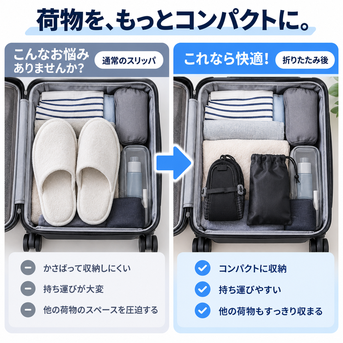一般的なスリッパと比べてコンパクトに収まる様子