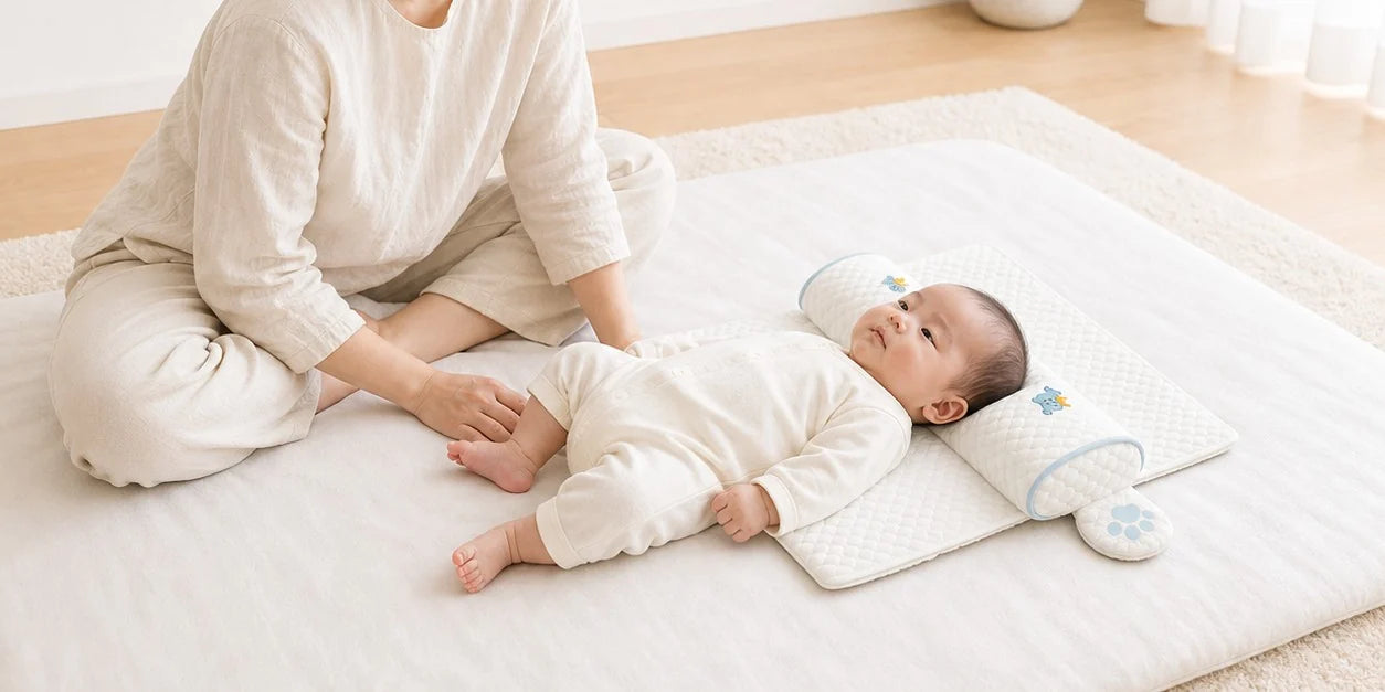 ネムポケの上に頭をのせて寝ている赤ちゃんと、そばに座る母親