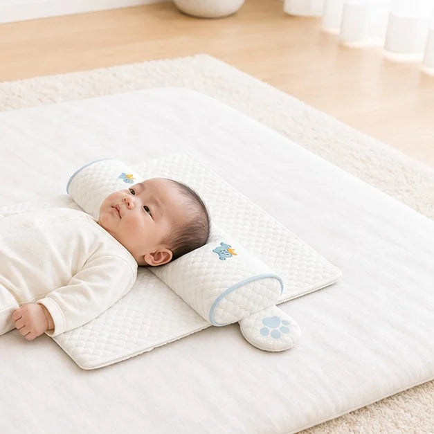 マットの上でまくらに頭をのせてお昼寝している赤ちゃん