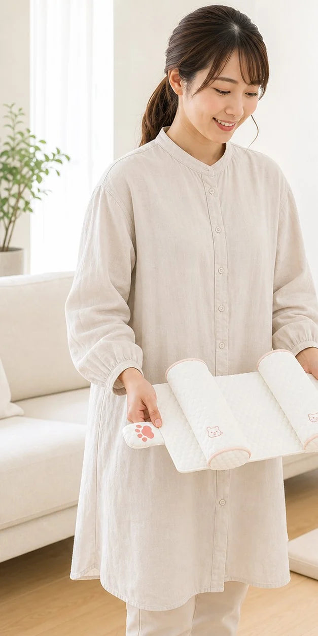 本体を手に持って、二つのふくらみとあしあとのタグを見せているところ