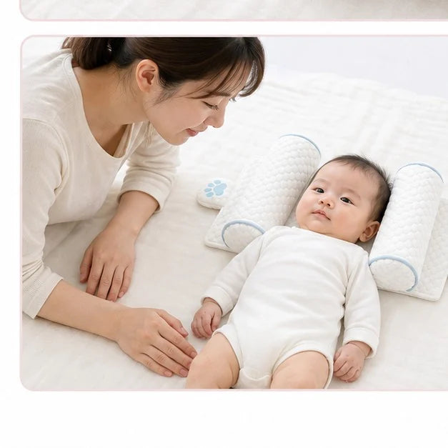 ネムポケの上に頭をのせて仰向けに寝ている赤ちゃんと、そばに寄りそう母親