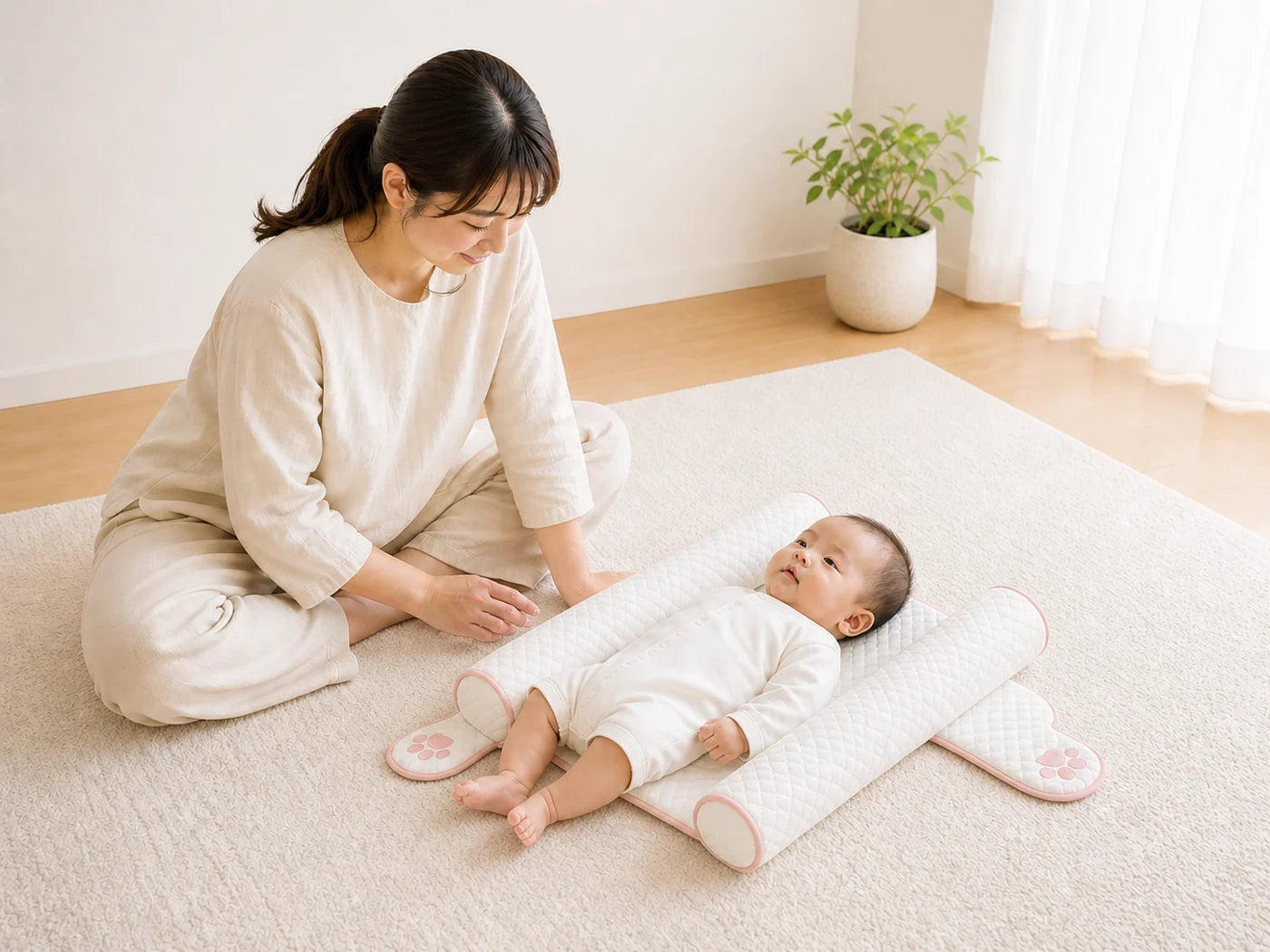 床に寝かせた赤ちゃんのそばで、母親が見ているところ